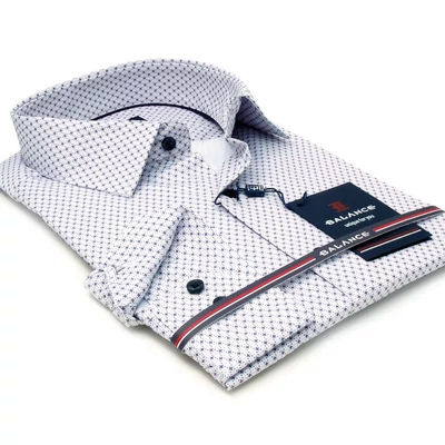 Balance fehér alapon nyomott kék-rózsaszín apró mintás hosszú ujjú, nyújtott karcsúsított fazonú, rugalmas anyagú Bahar long-fit ing