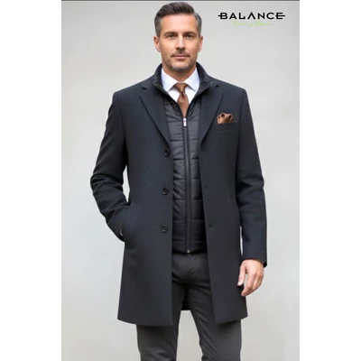 Balance kivehető steppelt garbós betétes, kihajtós galléros elegáns antracitszürke szövetkabát, reverzén díszítő ponttűzéssel