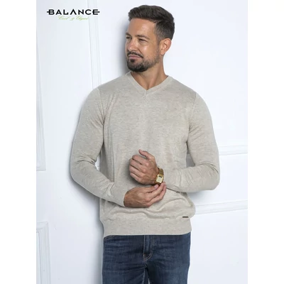 Balance vékony kötött V-nyakú bézs Melange pulóver