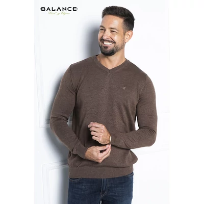 Balance vékony kötött V-nyakú barna Melange pulóver