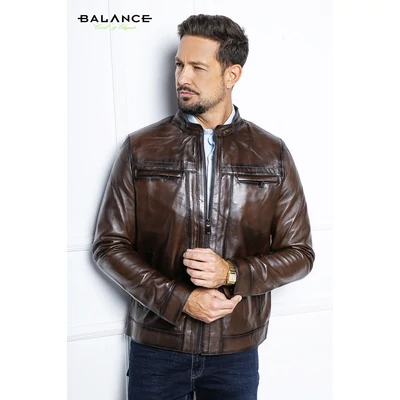 Balance állónyakú, enyhén karcsúsított cipzáras, sötétbarna borjúbőr DoubleZip dzseki, kabát, mintás selyembélessel