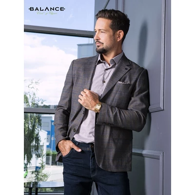 Balance barna alapon kék négyzetrács mintás (kockás) rugalmas szövet anyagú két gombos, két slicces karcsúsított Loeben zakó