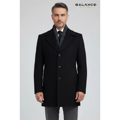 Balance kicipzározható kötött sálbetétes, kihajtós galléros elegáns fekete szövetkabát, reverzén díszítő ponttűzéssel