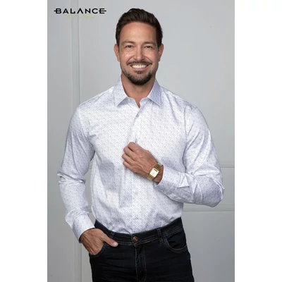 Balance fehér alapon nyomott szürke aprómintás hosszú ujjú karcsúsított Rems slim-fit ing Balance fehér alapon nyomott szürke aprómintás hosszú ujjú karcsúsított Rems slim-fit ing
