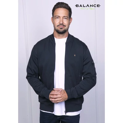 Balance vastagabb, jó tartású pamut anyagú sötétkék, cipzáras, bomber fazonú Diablo kardigán, oldalán két rejtett cipzáras zsebbel, bal ujján zseb rátét díszítéssel