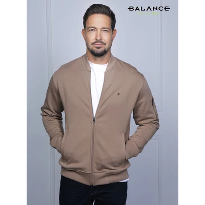 Balance vastagabb, jó tartású pamut anyagú drapp, cipzáras, bomber fazonú Diablo kardigán, oldalán két rejtett cipzáras zsebbel, bal ujján zseb rátét díszítéssel