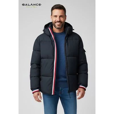 Balance strukturált felületű vízlepergetős, levehető kapucnis, vatelin béléses vastag téli fekete Brick dzseki, télikabát