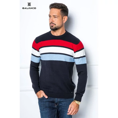 Balance környakas, fehér-piros-világoskék csíkos sötétkék vékony kötött BS pulóver