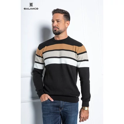 Balance környakas, fehér-drapp-camel csíkos fekete vékony kötött BS pulóver