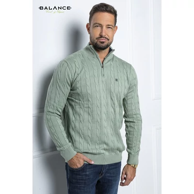 Balance cipzáras nyakú, állógalléros, fonott mintás kötött mentazöld Fonner pulóver, ujjain és derekán szűkebb passzé résszel