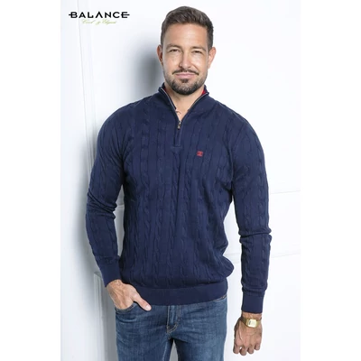 Balance cipzáras nyakú, állógalléros, fonott mintás kötött sötétkék Fonner pulóver, ujjain és derekán szűkebb passzé résszel