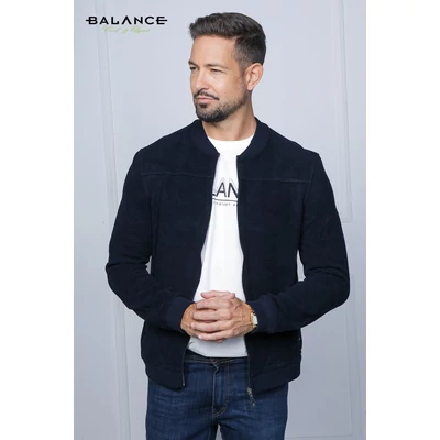 Balance vastag, puha pamut anyagú bomber fazonú mély sötétkék színű, cipzáras, zsebes Selbomb kardigán, felületcsiszolt, vastag, plüssös tapintású puha pamut anyagból