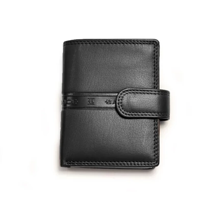 Balance kisméretű fekete bőr bankkártyatartó, patentos pánttal, papírpénz tartó rekesszel, belepréselt márkafelirattal