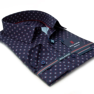 Balance sötétkék alapon nyomott bordó-fehér apró pöttymintás hosszú ujjú, enyhén karcsúsított Monk slim-fit ing