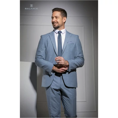 Balance két részes, karcsúsított fazonú, két slicces két gombos, strukturált, mintázott felületű világ szürkéskék színű Steel öltöny