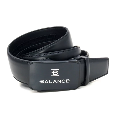 Balance racsnis záródású, varrott fekete bőrszíjas, márkalogós műgyanta betétes fém csatos elegáns Brenson öv, derékszíj