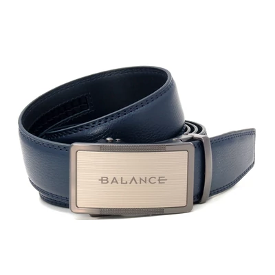 Balance racsnis záródású, varrott sötétkék bőrszíjas, markajelzéssel gravírozott, antikolt hatású fém csatos elegáns Gremio öv, derékszíj