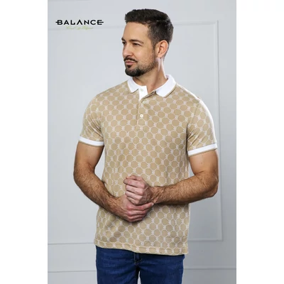 Balance drapp-fehér márkalogómintás rugalmas pamut anyagú rövid ujjú, gombos-galléros nyakú BJaquard póló, gallérján és ujján kontrasztos paszpóllal