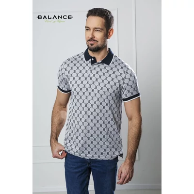 Balance szürke-fekete márkalogómintás rugalmas pamut anyagú rövid ujjú, gombos-galléros nyakú BJaquard póló, gallérján és ujján kontrasztos paszpóllal