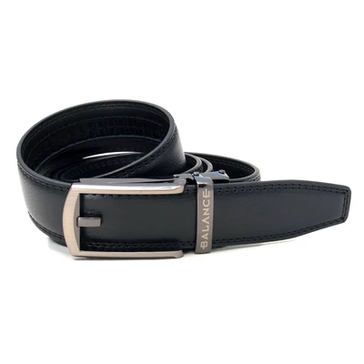 Balance racsnis záródású, varrott keskeny fekete bőrszíjas, fém csatos elegáns Tongue öv, derékszíj, bújtatóján gravírozott márkafelirattal
