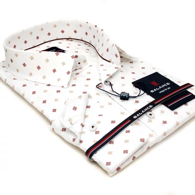 Balance nyomott drapp-barna aprómintás törtfehér hosszú ujjú, enyhén karcsúsított Camy slim-fit ing