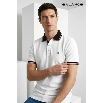 Balance galléros-gombos rövid ujjú Coz Inter fehér piké póló, gallérján és ujján kék-piros csíkbetétekkel, mellén márkalogós hímzéssel