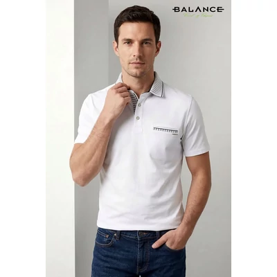 Balance fehér rugalmas pamut anyagú rövid ujjú, gombos-galléros nyakú Thom póló, csíkos kötött gallérral, gombolópánttal és zsebszegéllyel