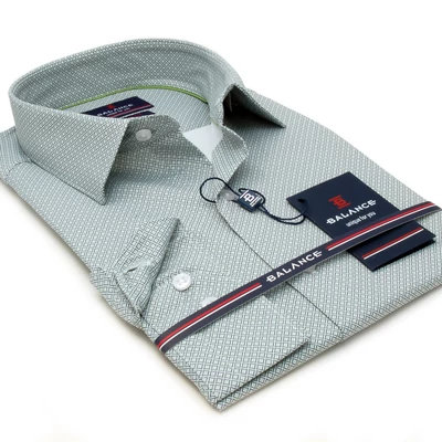 Balance fehér alapon nyomott zöld apró rombuszmintás hosszú ujjú, karcsúsított fazonú, rugalmas anyagú Rhomb slim-fit alkalmi ing