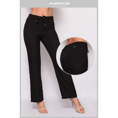 Masca Fashion lenes hatású, egyenes szárú, nem rugalmas fekete nadrág, derekán behúzott kötővel, hátán zsebekkel Masca Fashion lenes hatású, egyenes szárú, nem rugalmas fekete nadrág, derekán behúzott kötővel, hátán zsebekkel