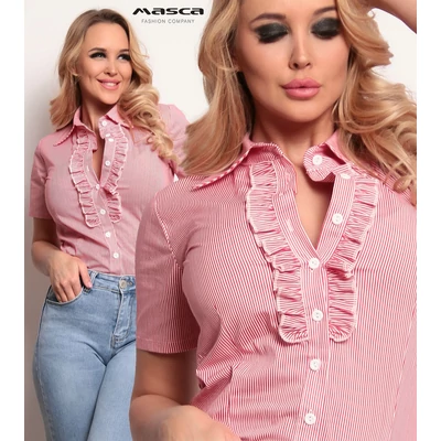 Masca Fashion fodorszegélyes gombolópántos rövid ujjú, piros-fehér csíkos elasztikus puplin ingblúz Masca Fashion fodorszegélyes gombolópántos rövid ujjú, piros-fehér csíkos elasztikus puplin ingblúz