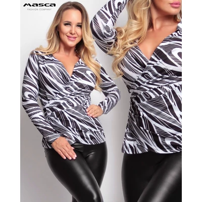 Masca Fashion átlapolt elejű, kivágott dekoltázsú, fekete-fehér mintás hosszú ujjú felső Masca Fashion átlapolt elejű, kivágott dekoltázsú, fekete-fehér mintás hosszú ujjú felső