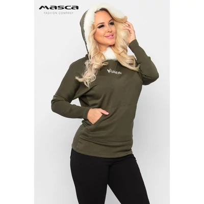 Masca Fashion szőrmeszegélyes kapucnis, vastagabb rugalmas punto anyagú kenguruzsebes szűk keki felső, pulóver