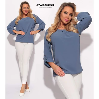 Masca Fashion nyakán rakott, felcsatolható hosszú ujjú laza szürkéskék felső, szövött blúzanyagból, csípőjén gumis behúzással