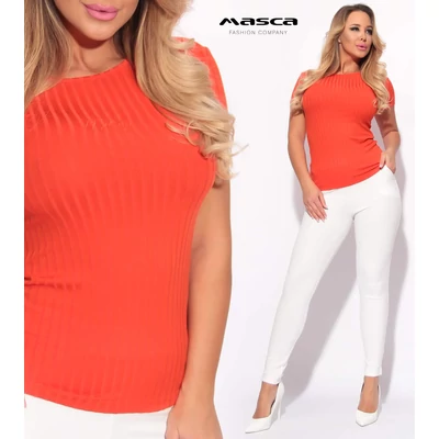 Masca Fashion bordázott anyagú, narancssárga rövid ujjú szűk felső, mellén hímzett színazonos márkafelirattal