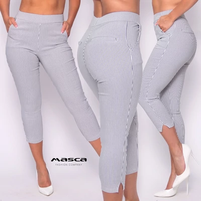 Masca Fashion ekrü-szürke csíkos, extra rugalmas szövet anyagú, magas derekú, oldalán zsebes capri nadrág