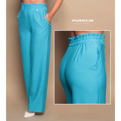 Masca Fashion lenes hatású, kreppes anyagú, gumis derekú, oldalt zsebes tengerkék színű laza nadrág