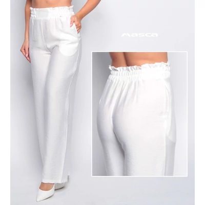 Masca Fashion lenes hatású, kreppes anyagú, gumis derekú, oldalt zsebes ekrü színű laza nadrág