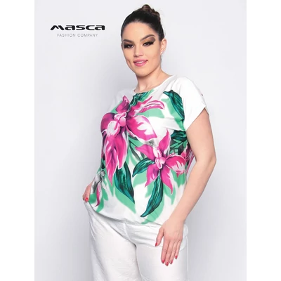 Masca Fashion ekrü alapon virágmintás, környakas lezser rövid ujjú felső, csípőjén gumis behúzással