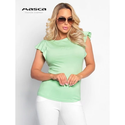 Masca Fashion csónaknyakú, rövid lepkeujjú pasztellzöld szűk felső, mellén színazonos márkalogó hímzéssel