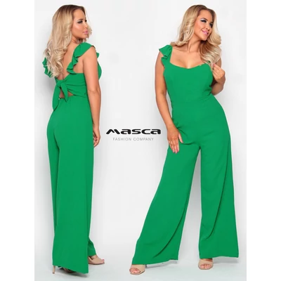 Masca Fashion szövött kreppes anyagú hátán megköthető fodorszegélyes pántos ujjatlan, bő szárú élénkzöld overál, hátul gumis derékkal