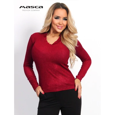 Masca Fashion enyhén csillogó felületű, fodorszegélyes V-nyakú, hosszú ujjú szűk, rugalmas anyagú bordó alkalmi felső