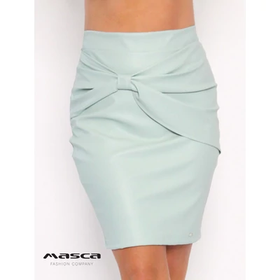 Masca Fashion pasztell türkizzöld színű, magas derekú textilbőr mini ceruzaszoknya, elején masnit formázó rátét díszítéssel