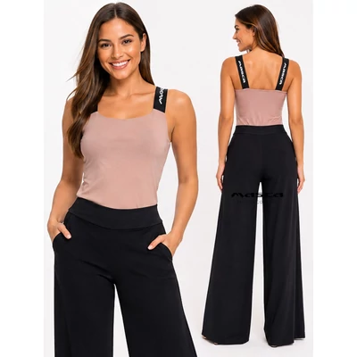 Masca Fashion szövött márkafeliratos fekete gumipántos, cappuccino színű ujjatlan rugalmas szűk top, felső