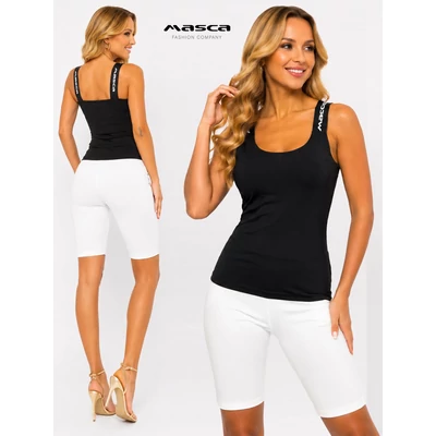 Masca Fashion szövött márkafeliratos gumipántos fekete színű ujjatlan rugalmas szűk top, felső