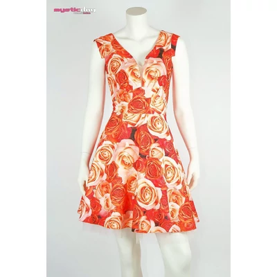 Mystic Day tüllel összefogott hasított dekoltázsú, korallos-narancs rózsamintás ujjatlan loknis alkalmi ruha, tüll szegélyes szatén alsószoknyával