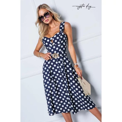 Mystic Day kék-fehér pöttyös kreppes hatású anyagú Bonbonetti midi ruha, svéd zsebekkel, szoknyarésze rakásokkal bővülő, anyagából készült gumis övvel