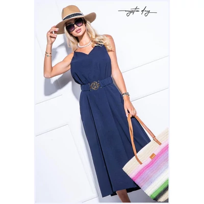 Mystic Day sötétkék kreppes anyagú, spagettipántos A-vonalú lenge nyári Lorin maxi ruha, anyagából készült gumis övvel, oldalvarrásba rejtett zsebekkel. Cipzár nélküli belebújós fazon