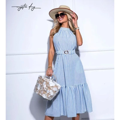 Mystic Day világoskék-fehér csíkos, lenes-kreppes hatású szövött anyagú lenge ujjatlan Katerina ruha, anyagából készült gumis övvel