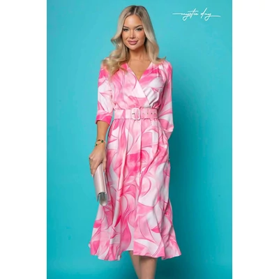Mystic Day rózsaszín-pink mintás lenge Gréti nyári ruha, kétoldalt zsebekkel, bal alján felsliccelve, anyagából készült csatos övvel