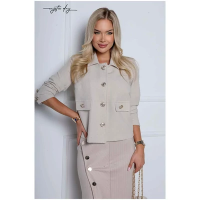 Mystic Day egyenes vonalú, bézs színű rugalmas buklé anyagú, négy gombos béleletlen Genova blézer, kiskabát